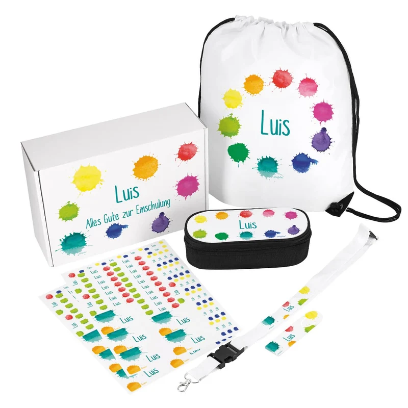 Geschenkset zur Einschulung mit buntem Motiv und Namensaufdruck