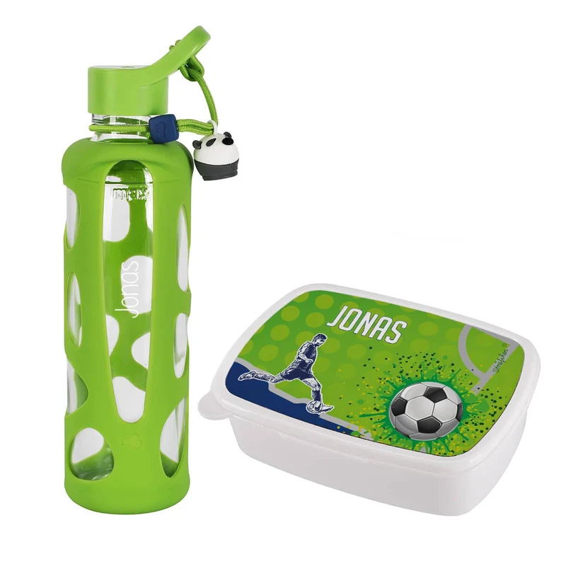 Gravierte Trinkflasche im Set mit bedruckter Fußball-Brotdose für Kinder