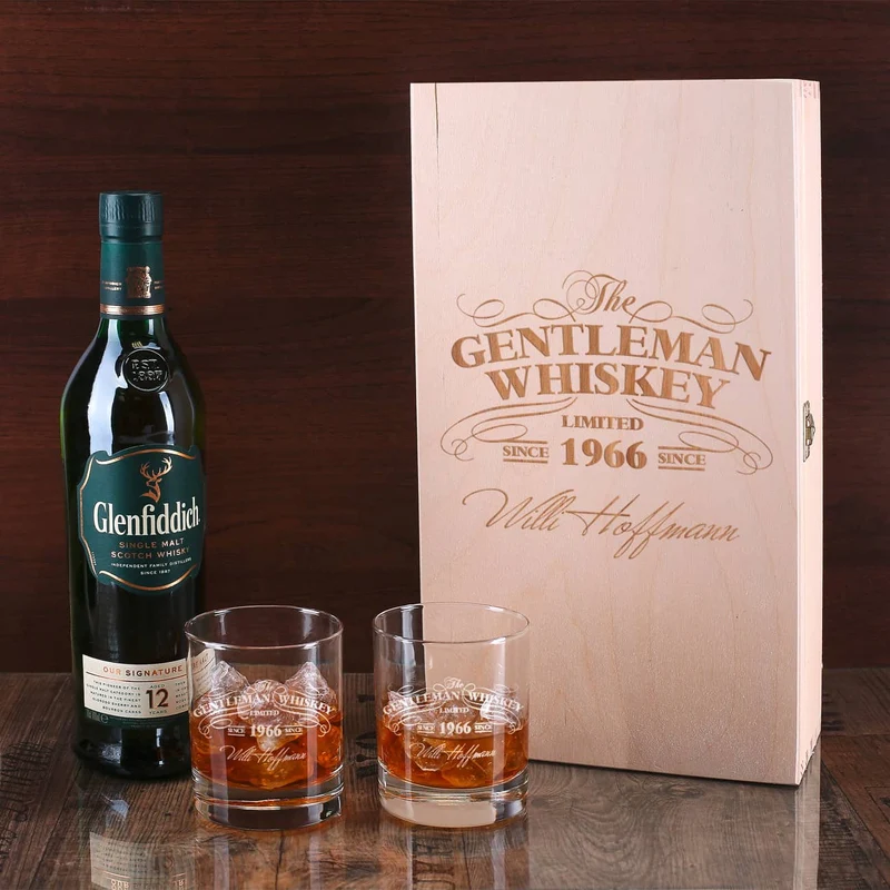 Glenfiddich Single Malt Whisky Geschenkset mit Whiskyglas und Holzkiste