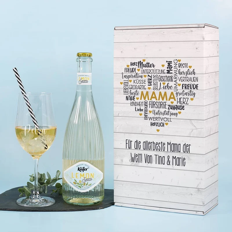 Geschenkset zum Muttertag mit Fruchtsecco, Glas und Geschenkverpackung