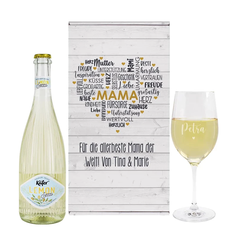 Geschenkset zum Muttertag mit Fruchtsecco, Glas und Geschenkverpackung