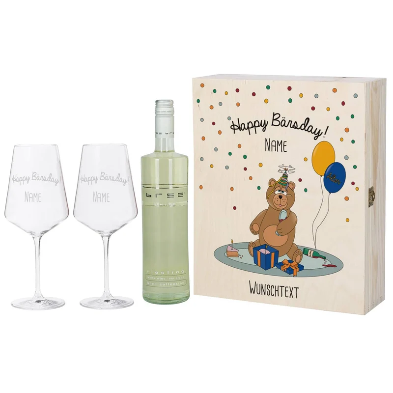 Geschenkset zum Geburtstag bestehend aus personalisierter Holzbox und gravierten Weingläsern