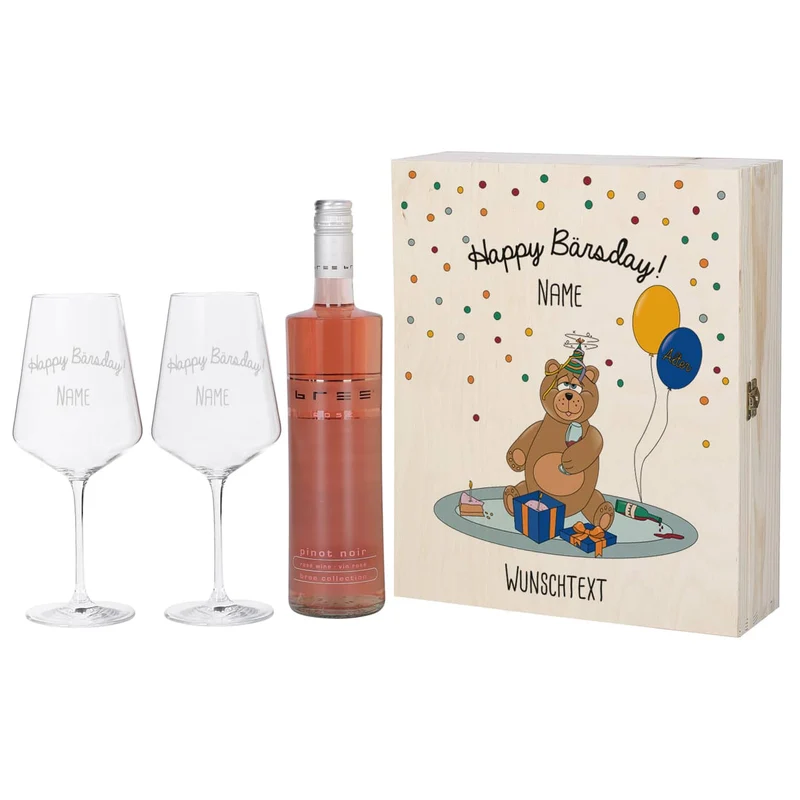 Geschenkset zum Geburtstag bestehend aus personalisierter Holzbox und gravierten Weingläsern