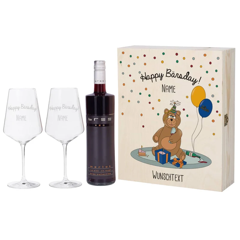 Geschenkset zum Geburtstag bestehend aus personalisierter Holzbox und gravierten Weingläsern