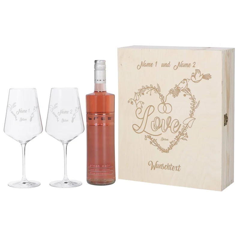 Wein Geschenkset zur Hochzeit mit personalisierter Holzbox und Weinglas mit Gravur