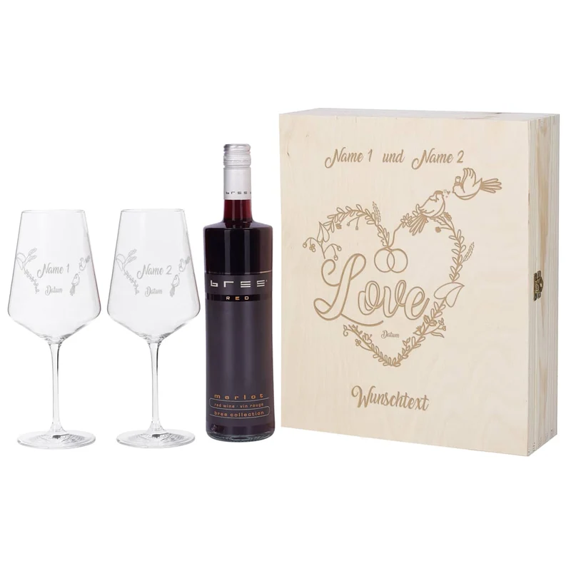 Wein Geschenkset zur Hochzeit mit personalisierter Holzbox und Weinglas mit Gravur