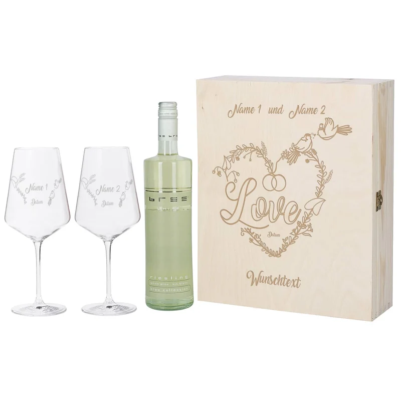 Wein Geschenkset zur Hochzeit mit personalisierter Holzbox und Weinglas mit Gravur