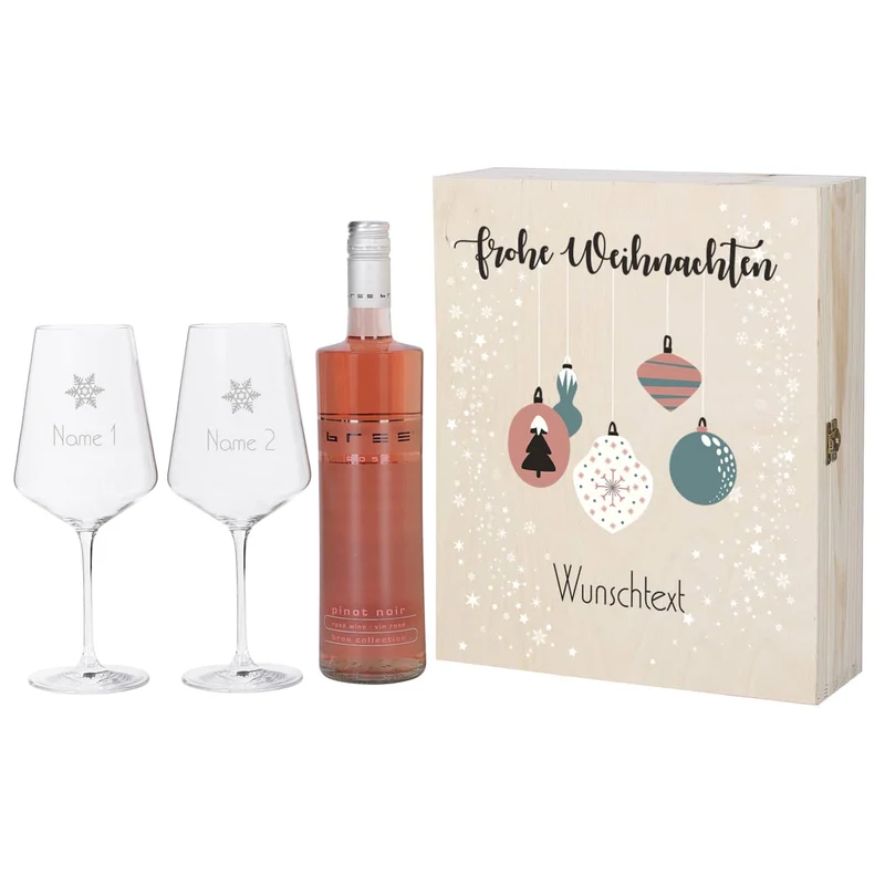 Geschenkset zu Weihnachten mit persönlicher Holzbox und zwei gravierten Weingläsern