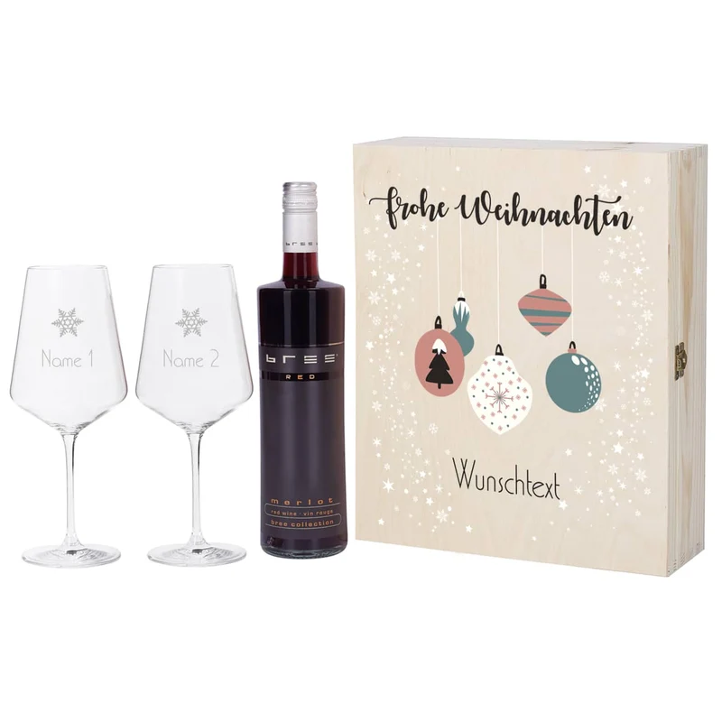 Geschenkset zu Weihnachten mit persönlicher Holzbox und zwei gravierten Weingläsern