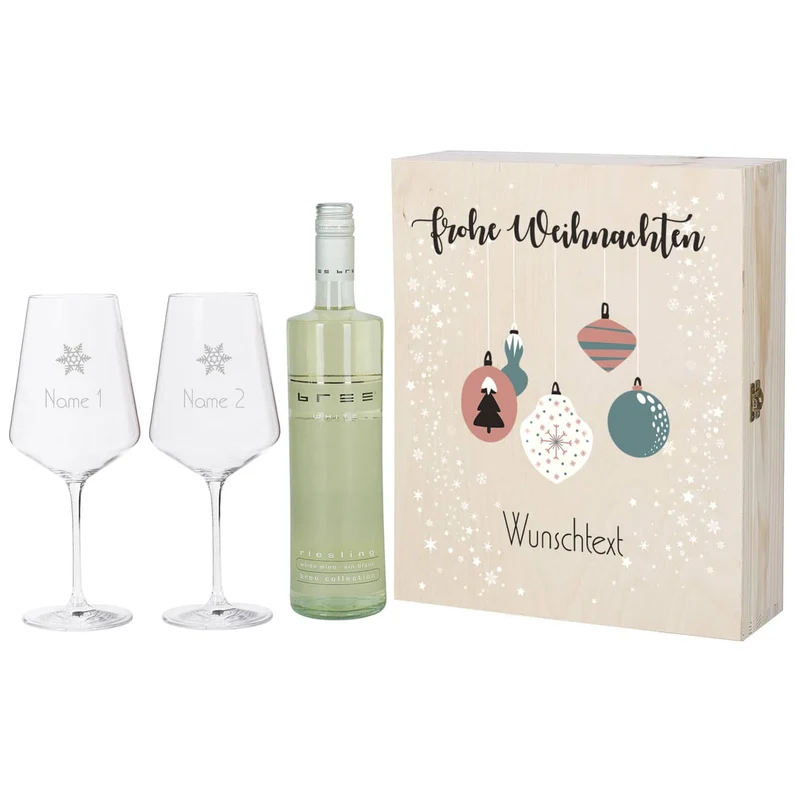 Geschenkset zu Weihnachten mit persönlicher Holzbox und zwei gravierten Weingläsern