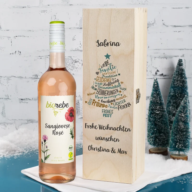 Biorebe Wein zu Weihnachten in bedruckter Holzbox | Weißwein, Rotwein, Rosé