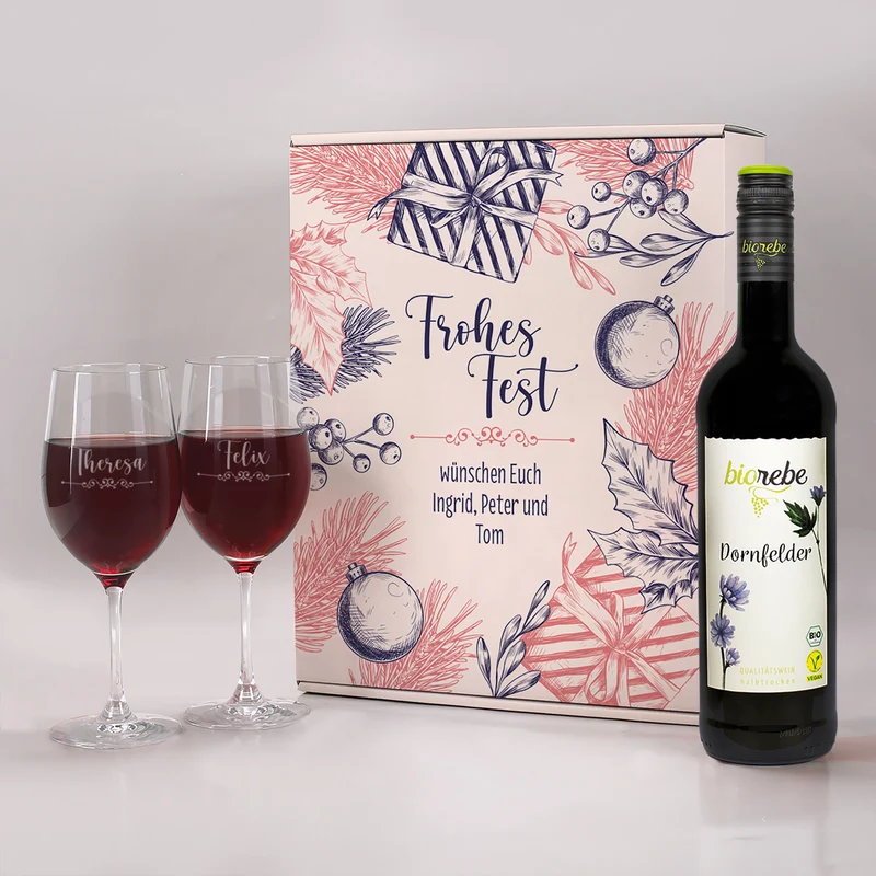 Geschenk Set zu Weihnachten mit 2 Weingläsern und Biorebe Wein in Geschenkverpackung