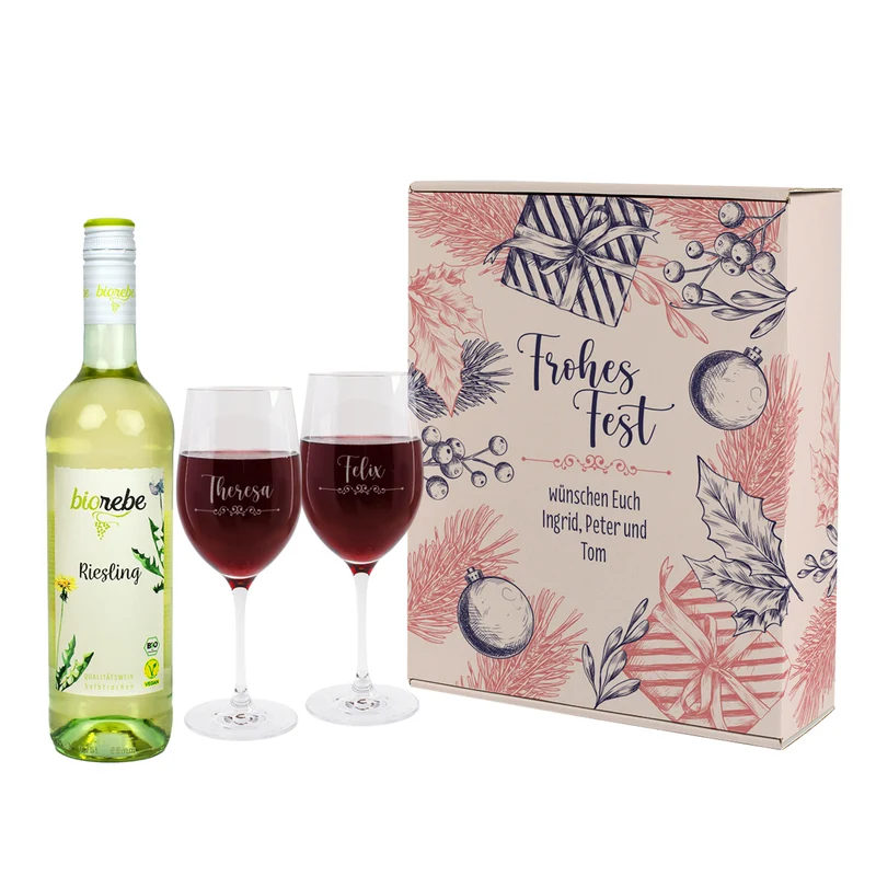Geschenk Set zu Weihnachten mit 2 Weingläsern und Biorebe Wein in Geschenkverpackung