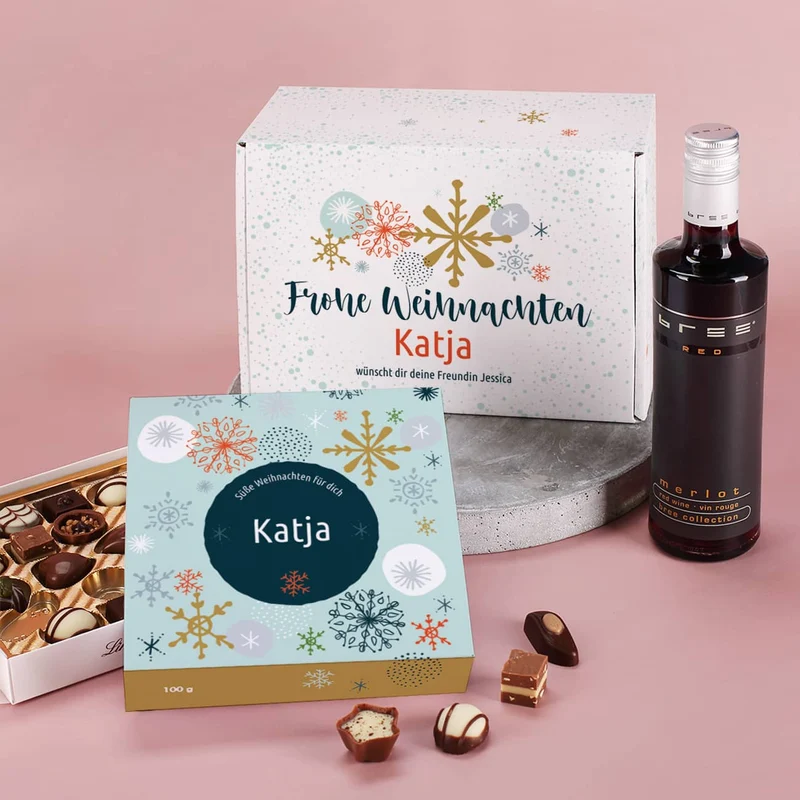 Geschenkset zu Weihnachten mit Lindt Pralinen und Wein in Geschenkbox