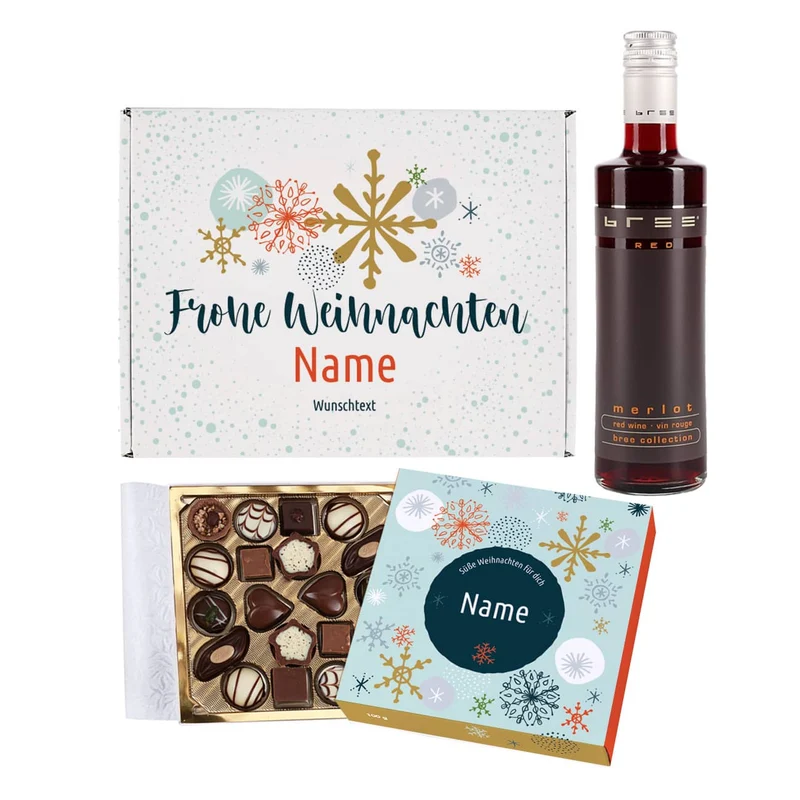 Geschenkset zu Weihnachten mit Lindt Pralinen und Wein in Geschenkbox