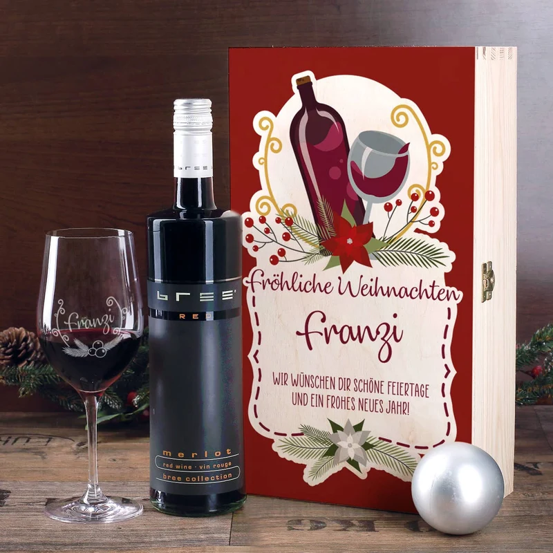 Persönliches Weihnachtsgeschenk für Weinliebhaber mit Weihnachtskranz, Name und Wunschtext
