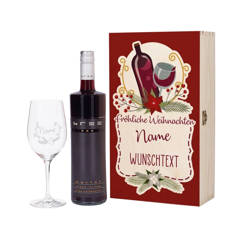 Persönliches Weihnachtsgeschenk für Weinliebhaber mit Weihnachtskranz, Name und Wunschtext