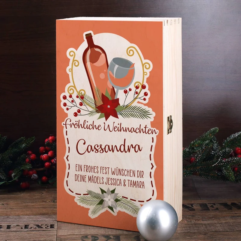 Persönliches Weihnachtsgeschenk für Weinliebhaber mit Weihnachtskranz, Name und Wunschtext