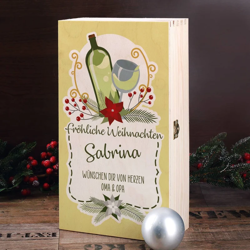 Persönliches Weihnachtsgeschenk für Weinliebhaber mit Weihnachtskranz, Name und Wunschtext