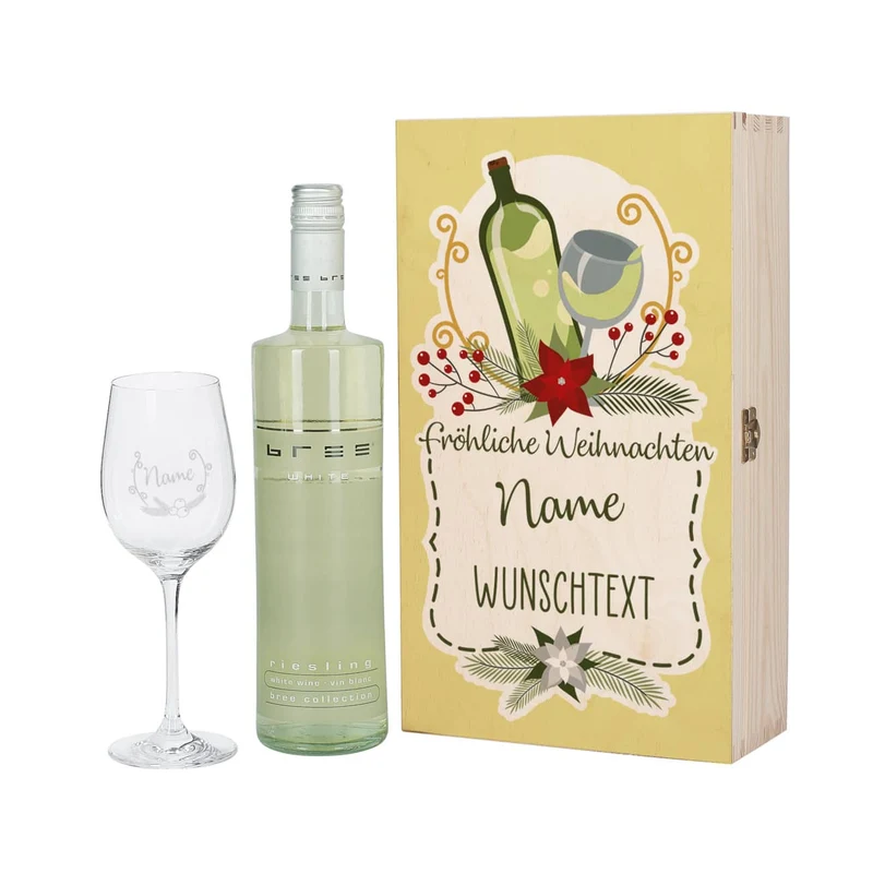 Persönliches Weihnachtsgeschenk für Weinliebhaber mit Weihnachtskranz, Name und Wunschtext