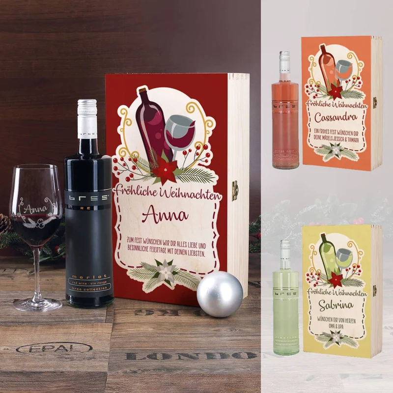 Persönliches Weihnachtsgeschenk für Weinliebhaber mit Weihnachtskranz, Name und Wunschtext