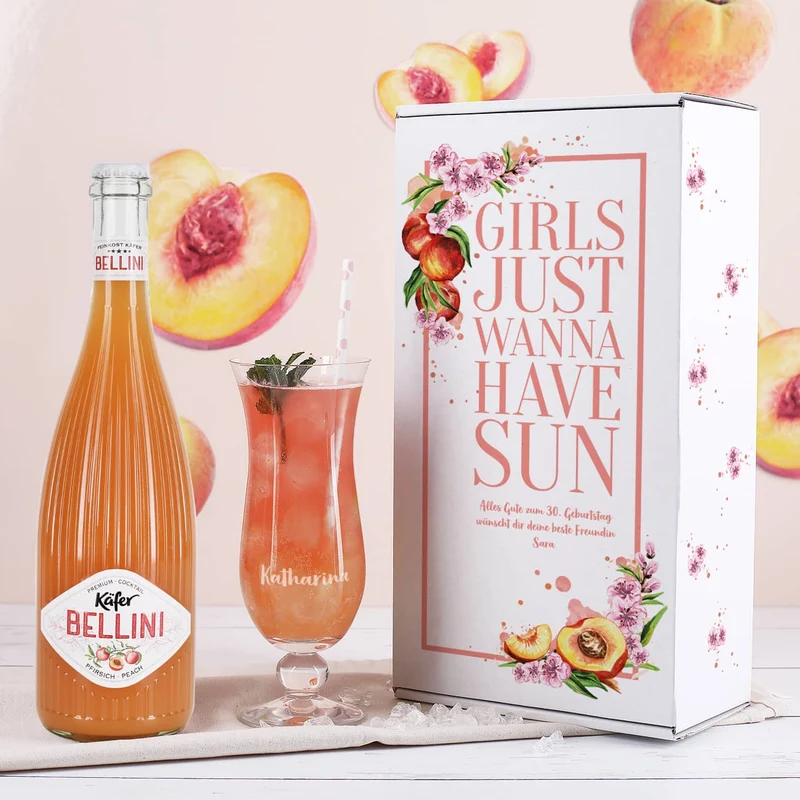Sommerliches Pfirsichlikör-Set für Frauen mit Cocktailglas und Name