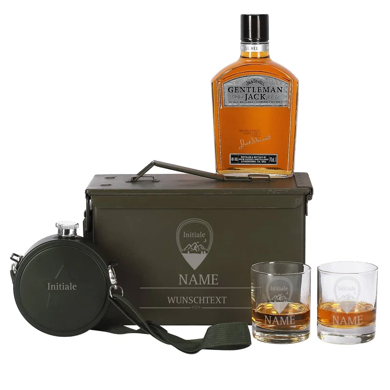 Edles Whisky-Geschenkset in original Munitionsbox mit gravierten Whiskygläsern und Feldflasche