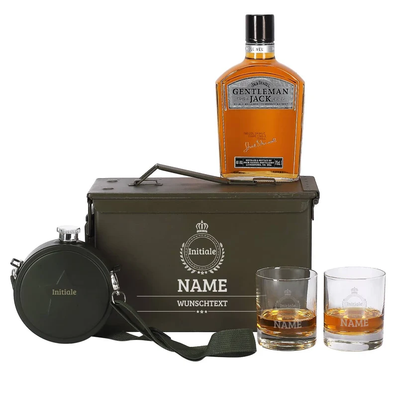 Edles Whisky-Geschenkset in original Munitionsbox mit Monogramm, Name und Wunschtext