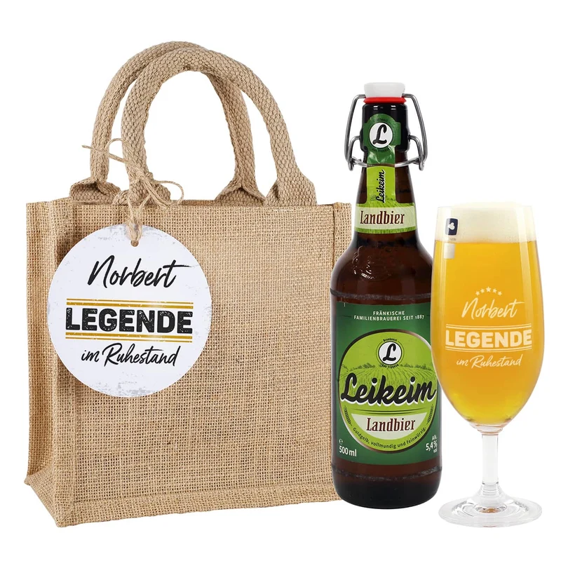 Leikeim Geschenkset zum Ruhestand mit Bier, Bierglas und Jutetüte