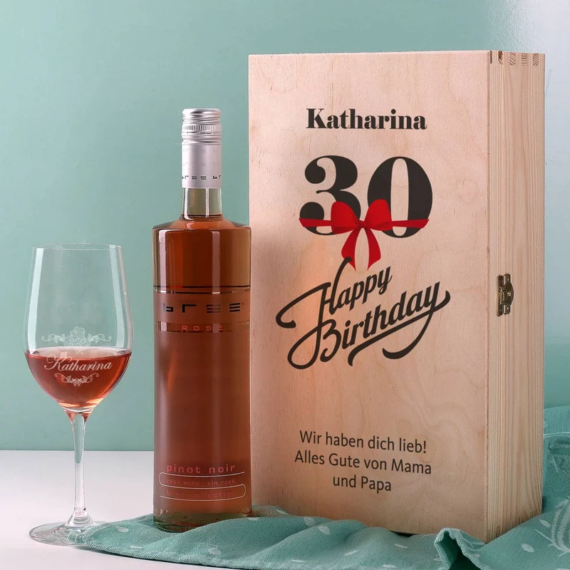 Wein - Geschenkset zum 30. Geburtstag aus Glas und Flasche in persönlicher Holzbox