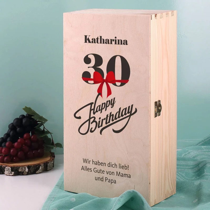 Wein - Geschenkset zum 30. Geburtstag aus Glas und Flasche in persönlicher Holzbox