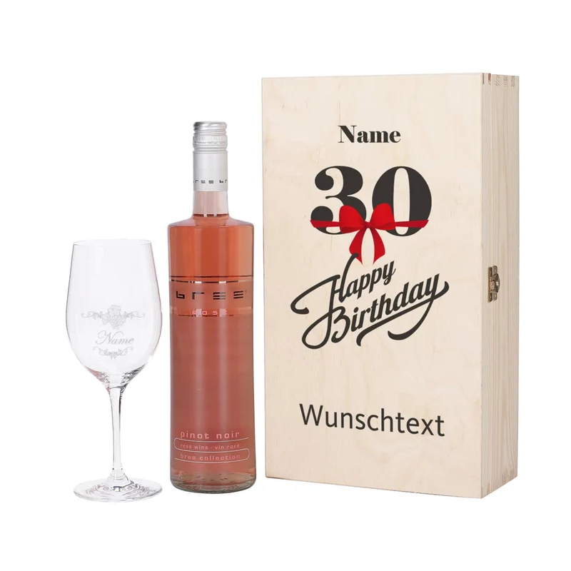 Wein - Geschenkset zum 30. Geburtstag aus Glas und Flasche in persönlicher Holzbox