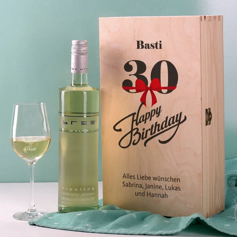 Wein - Geschenkset zum 30. Geburtstag aus Glas und Flasche in persönlicher Holzbox