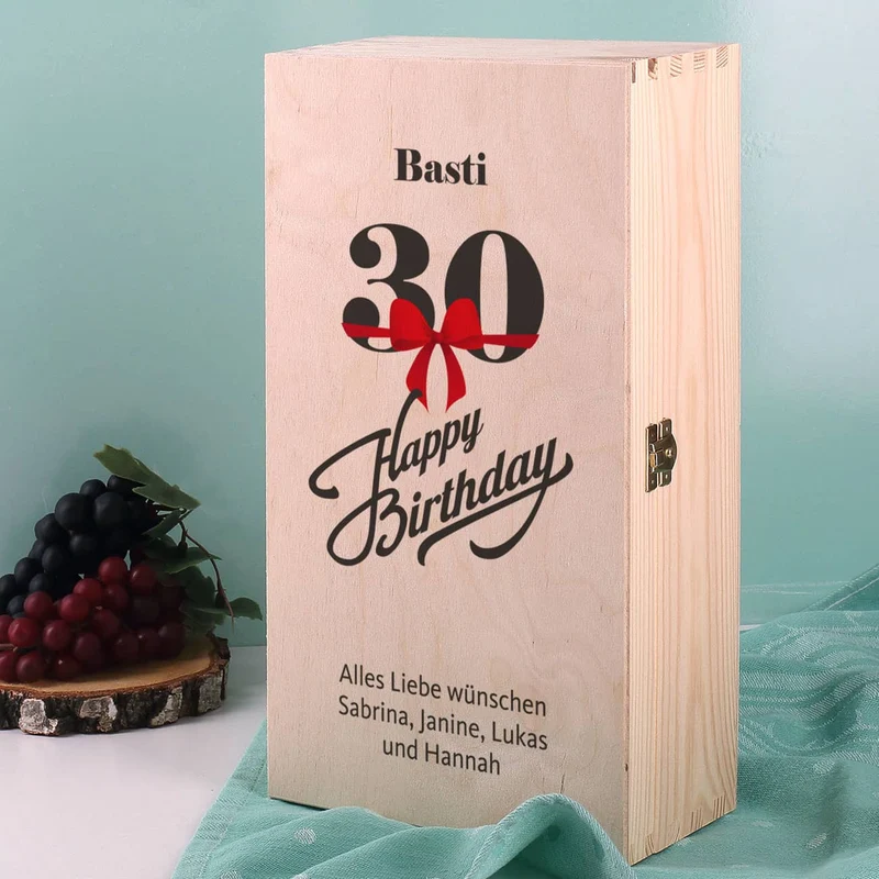 Wein - Geschenkset zum 30. Geburtstag aus Glas und Flasche in persönlicher Holzbox