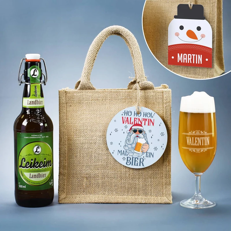 Männergeschenk zu Weihnachten - Bierglas mit Bierflasche in persönlicher Geschenktüte
