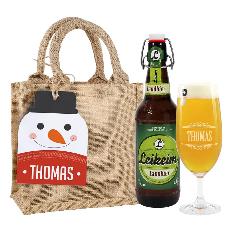 Männergeschenk zu Weihnachten - Bierglas mit Bierflasche in persönlicher Geschenktüte