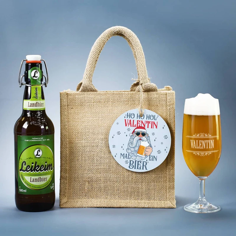 Männergeschenk zu Weihnachten - Bierglas mit Bierflasche in persönlicher Geschenktüte