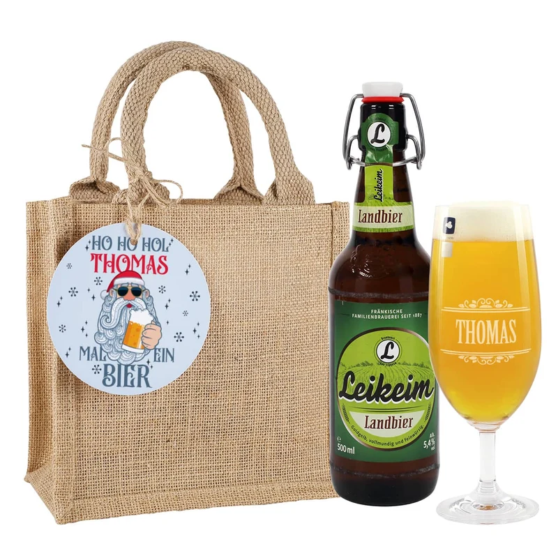 Männergeschenk zu Weihnachten - Bierglas mit Bierflasche in persönlicher Geschenktüte