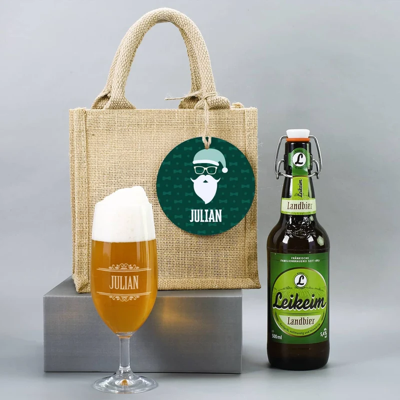 Männergeschenk zu Weihnachten - Bierglas mit Bierflasche in persönlicher Geschenktüte