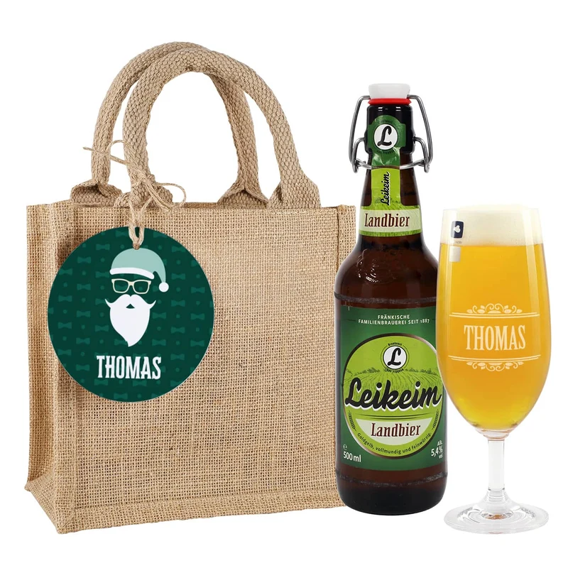 Männergeschenk zu Weihnachten - Bierglas mit Bierflasche in persönlicher Geschenktüte
