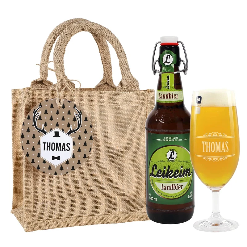 Männergeschenk zu Weihnachten - Bierglas mit Bierflasche in persönlicher Geschenktüte