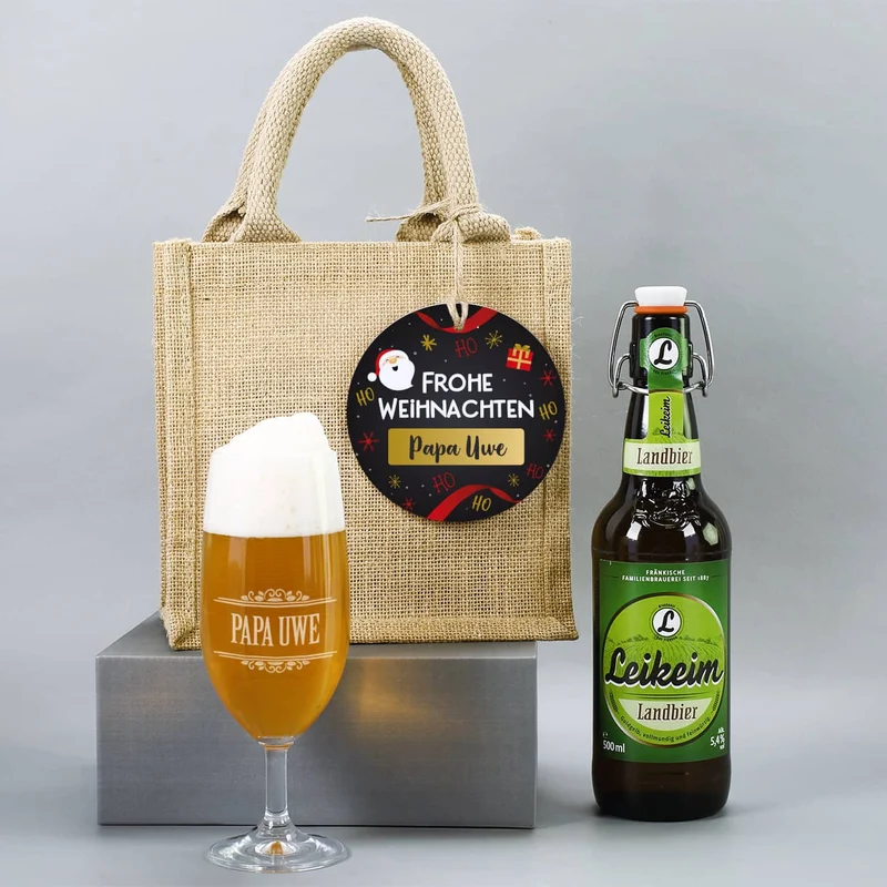 Männergeschenk zu Weihnachten - Bierglas mit Bierflasche in persönlicher Geschenktüte