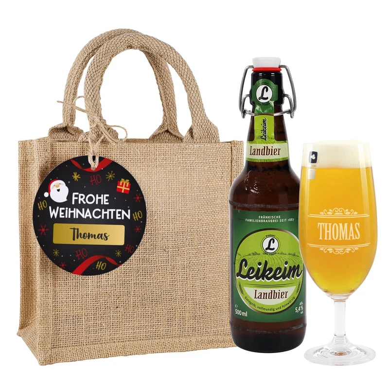 Männergeschenk zu Weihnachten - Bierglas mit Bierflasche in persönlicher Geschenktüte