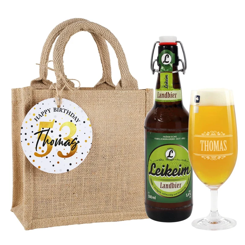 Männergeschenk zum Geburtstag - Bierglas mit Flaschenbier in Jutetüte mit Anhänger