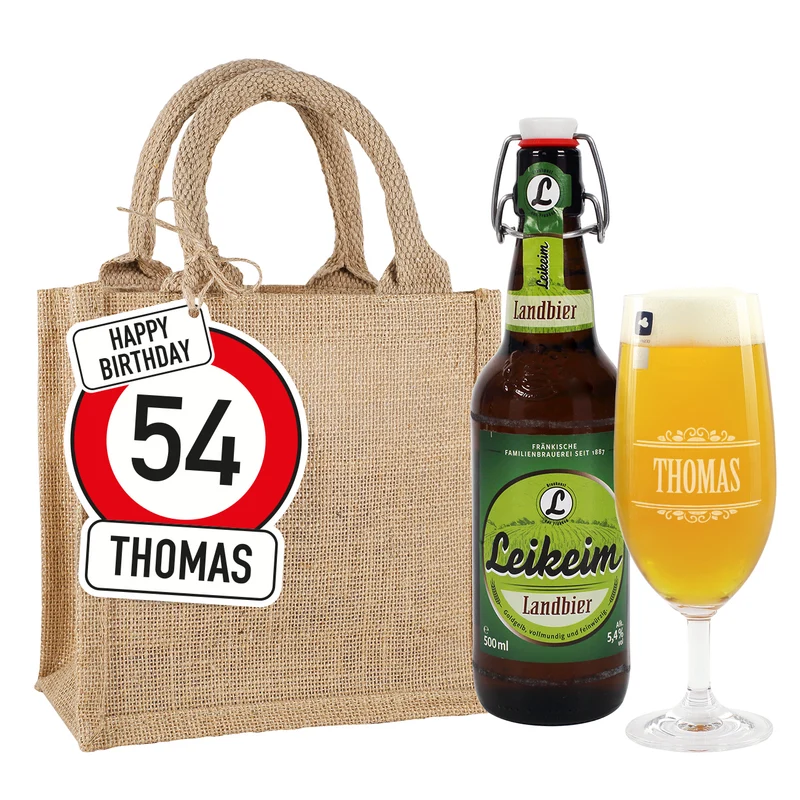 Männergeschenk zum Geburtstag - Bierglas mit Flaschenbier in Jutetüte mit Anhänger