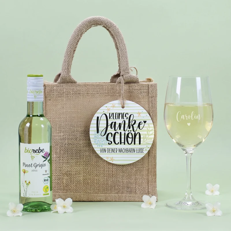 Weinset - Kleines Dankeschön - mit Weinglas, Wein und Verpackung