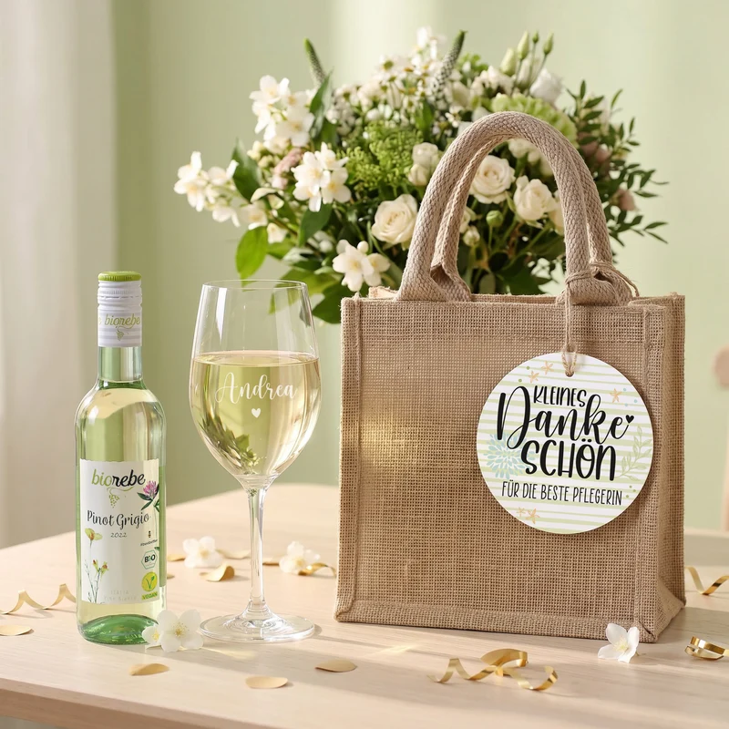 Weinset - Kleines Dankeschön - mit Weinglas, Wein und Verpackung