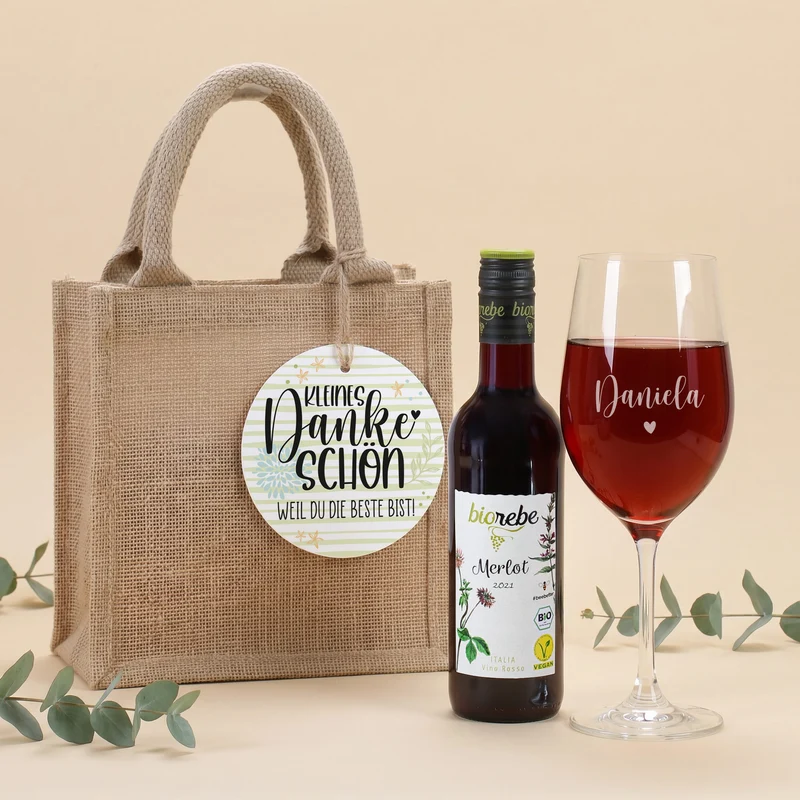 Weinset - Kleines Dankeschön - mit Weinglas, Wein und Verpackung