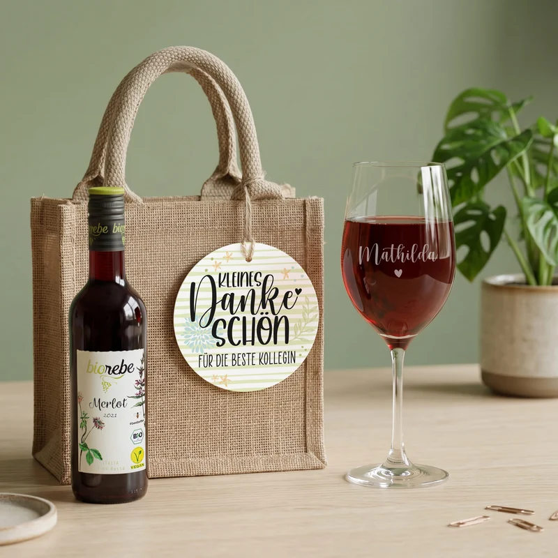 Weinset - Kleines Dankeschön - mit Weinglas, Wein und Verpackung