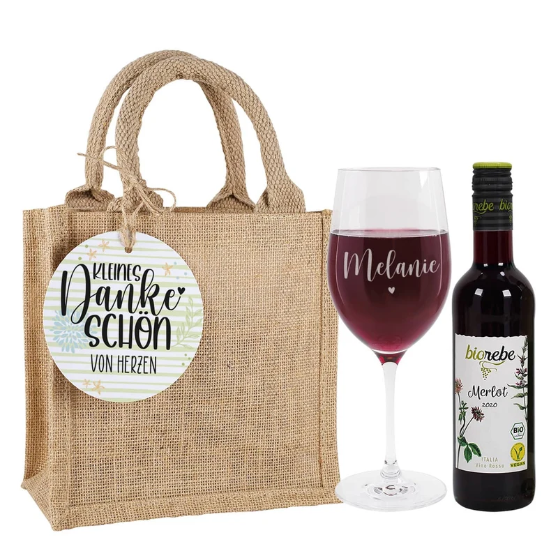 Weinset - Kleines Dankeschön - mit Weinglas, Wein und Verpackung